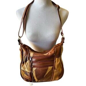 NWT patchwork Leather Boho Hippie Hobo Handbag Purse Beige Brown Double Zip Top
